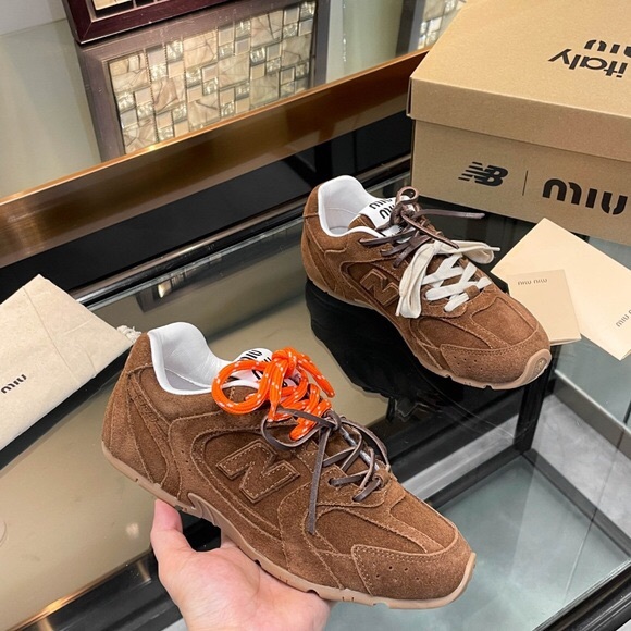 Miu Miu Brown Suede Sneakers with Orange and White Laces - Picture 1 of 5